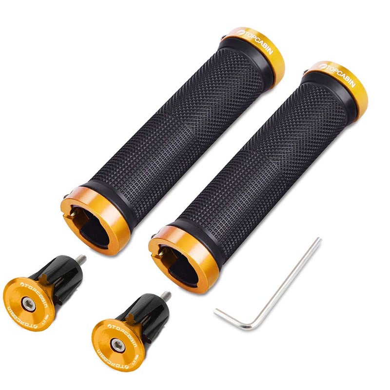 TOPCABIN Bicycle Grips,Double Lock on Locking Bicycle Handlebar Grips Rubber Comfortable Bike Grips for Mountain BMX ((Aluminum Lock Plug) Gold 1 Pair) - Image 1